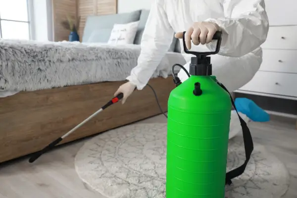 Un homme pulvérisant un produit au dessous d'un lit.